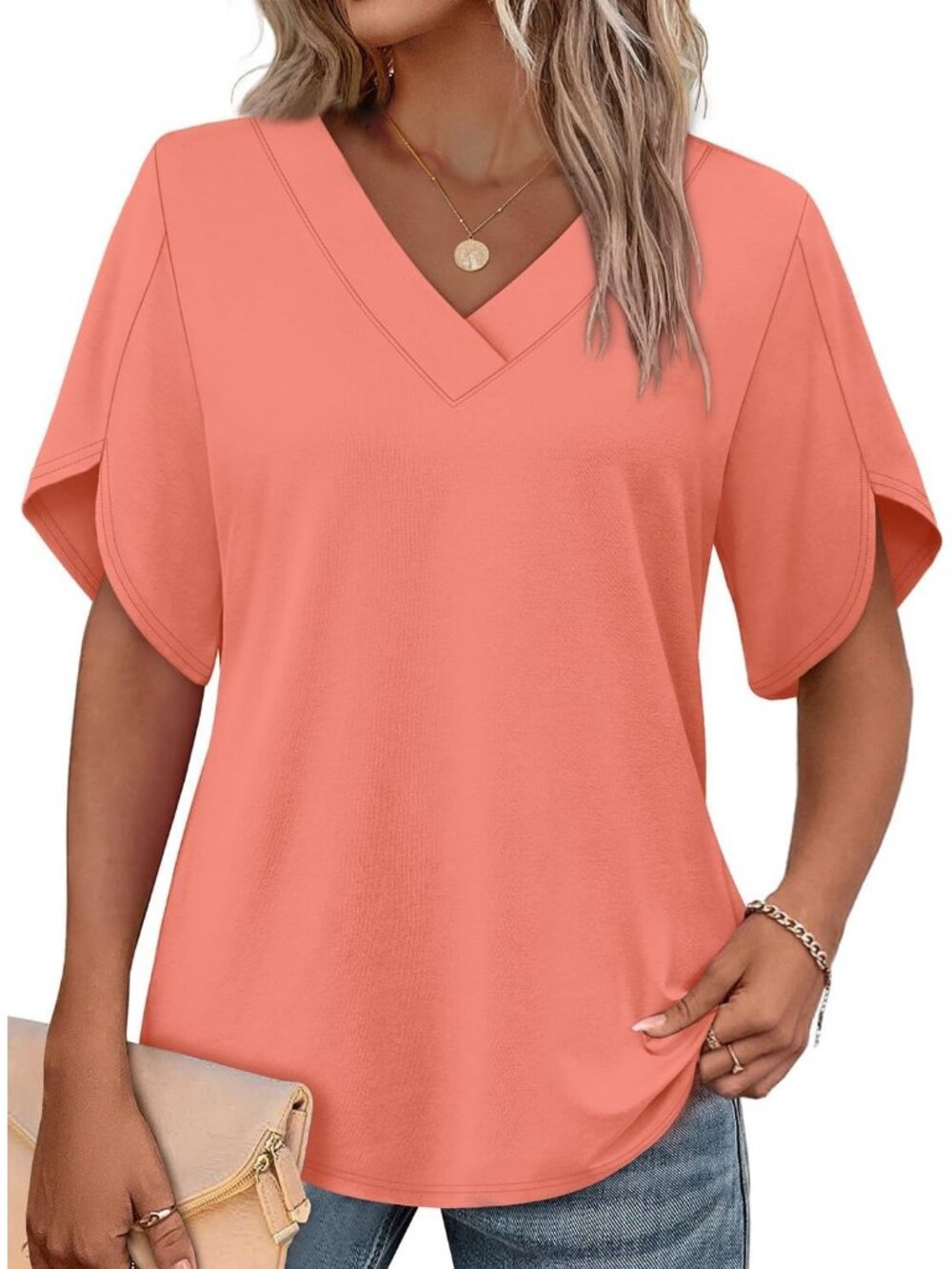 Women's Coral Elegant V Neck Short Petal Sleeve Shirt Summer Fashion Flair Tops